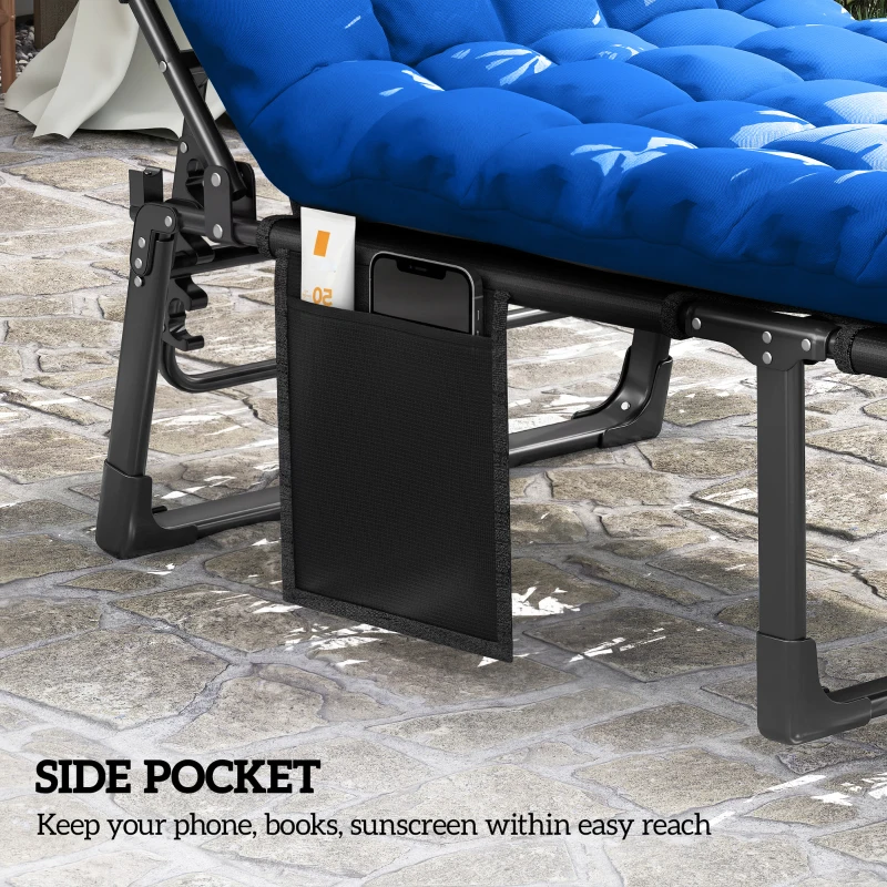 Outsunny Folding Sun Lounger for Garden, 5-Position Oversized Camping Bed Recliner with Cushions, Blue