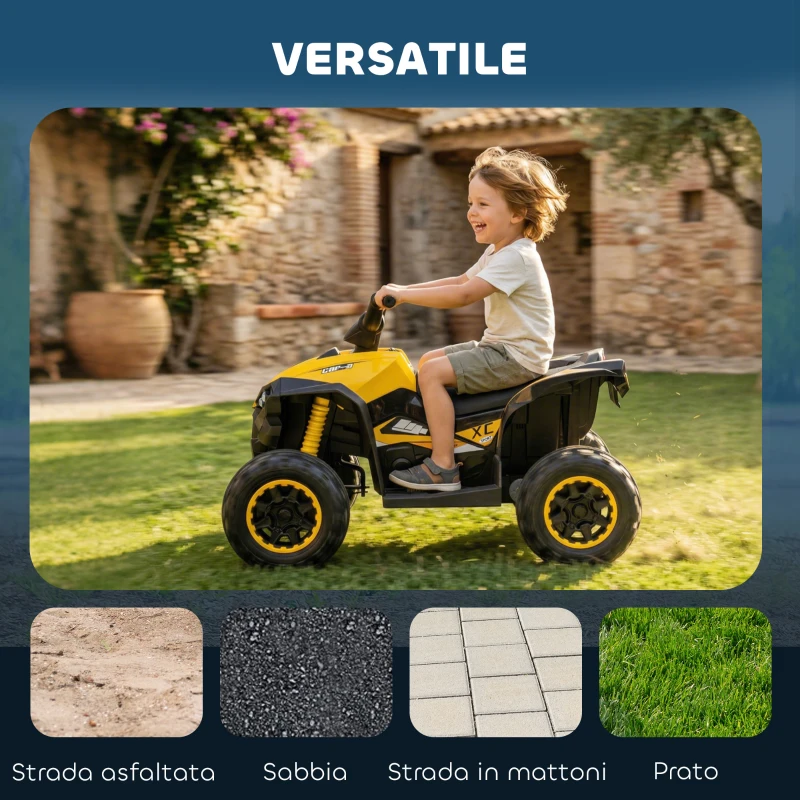 HOMCOM Quad Elettrico per Bambini 12V, 2 Velocità, Ruote Larghe con Clacson e Fari LED, Età 3-5 Anni, Giallo