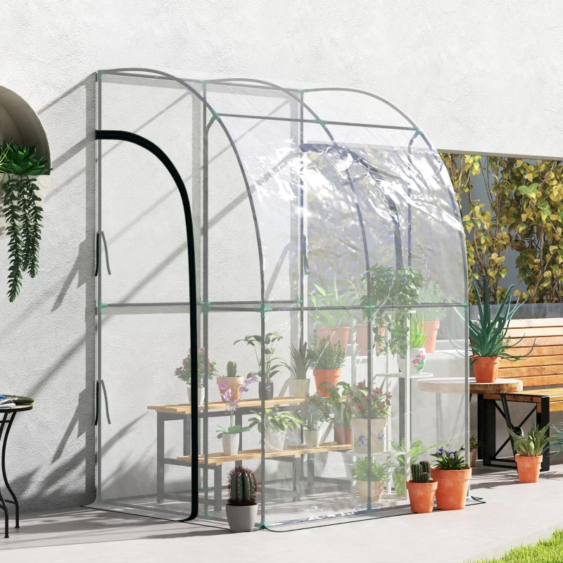 Outsunny Seră de Grădină adosată seră adosată 2 uși rulante cu fermoar oțel PVC transparent