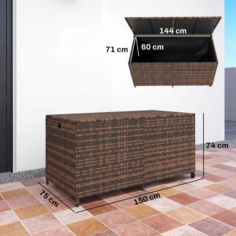 Outsunny 650L Garden Storage Box with 2 Wheels, Rattan Deck Box with Waterproof Zipped Liner, Safe Pneumatic Rods, Mixed Brown