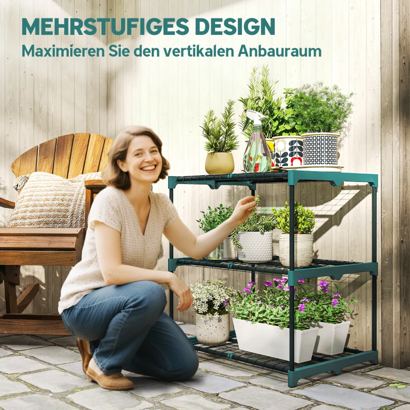 Outsunny 3-Etagen Pflanzenständer, 72 cm hoch Blumenständer für Innen Außen, Pflanzenregal aus Stahl Dunkelgrün