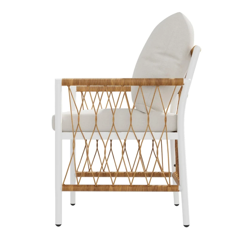 Modernes 7-teiliges Gartenmöbel-Set, weißes Eisengestell mit geflochtenen Armlehnen, 1 Tisch + 6 Stühle, Beige+Naturfarbe