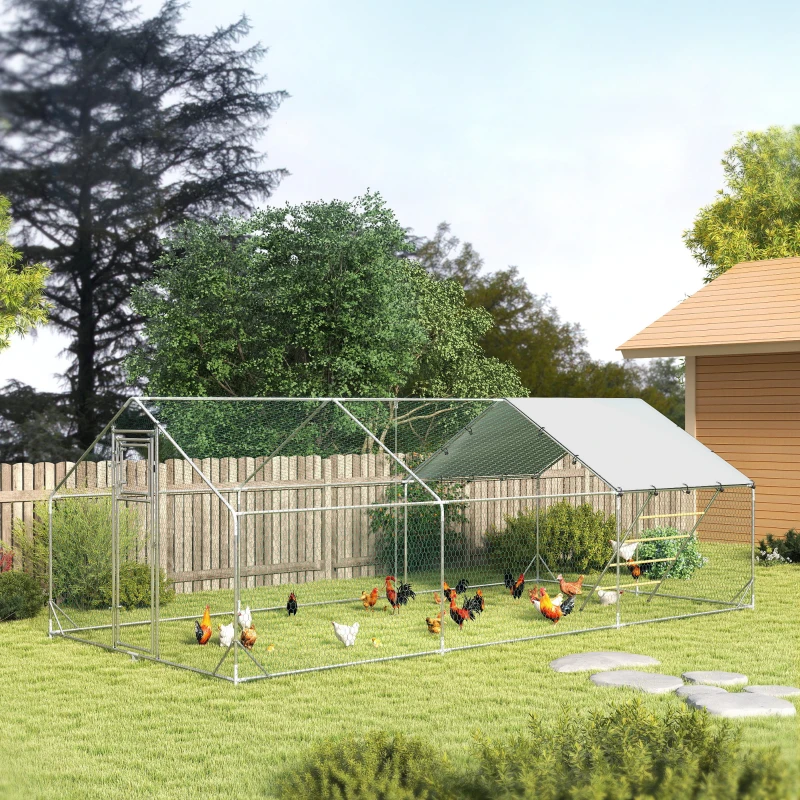 PawHut Galinheiro para Exterior 3x6 m Galinheiro de Aço Galvanizado com Comedouro Suspenso Tipo Espeto Poleiro Anti-UV Prata