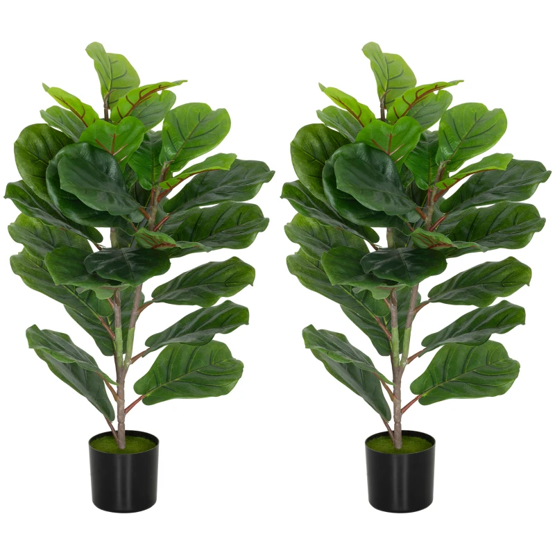 HOMCOM Set de 2 plante artificiale de interior 80 cm ficus lyrata arbore artificial cu ghiveci din plastic și sol flocat verde