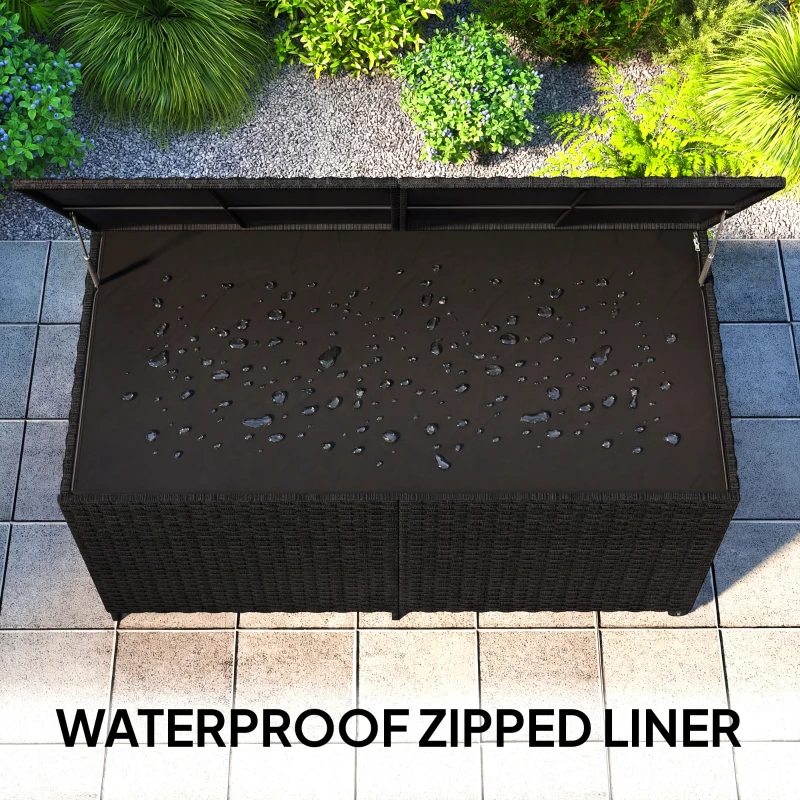 Outsunny 650L Garden Storage Box with 2 Wheels, Rattan Deck Box with Waterproof Zipped Liner, Safe Pneumatic Rods, Black