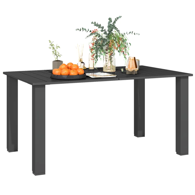 Outsunny Mesa de jardín para 4 a 6 personas, mesa de comedor exterior con orificio para parasol tablero de lamas 150 x 90 x 73 cm negro