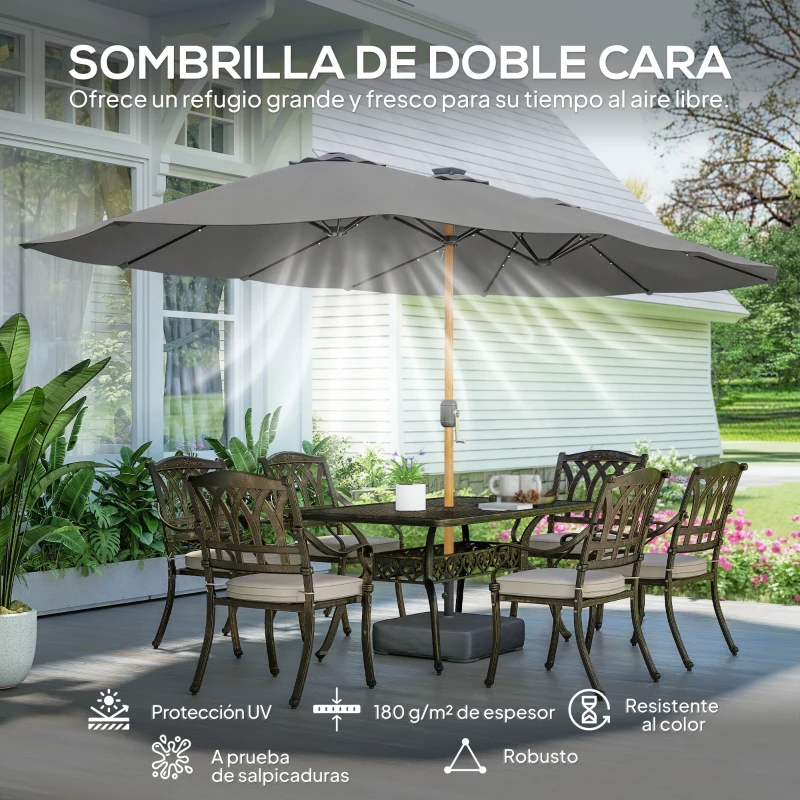 Outsunny Sombrilla Doble de Jardín 4,6x2,6 m con 48 Luces LED Base Incluida Manivela Sacos de Arena Anti-UV Gris Claro