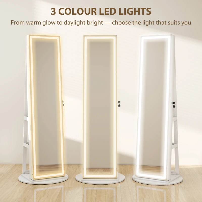 HOMCOM Storage Jewellery Cabinet, with Mirror and Lights - White