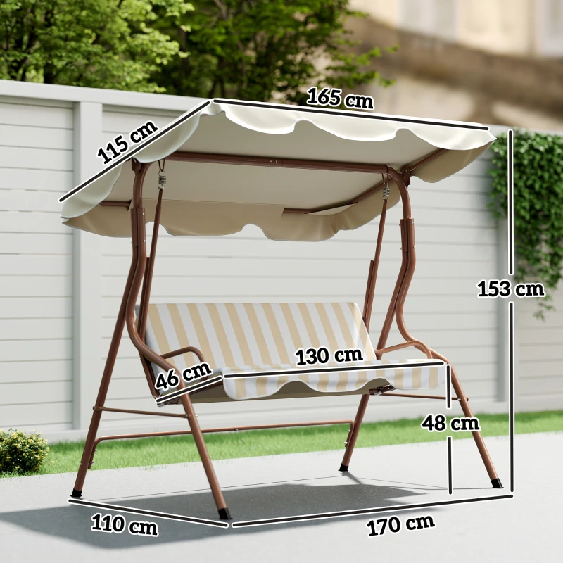 Outsunny Balancelle de Jardin 3 Places Toit imperméabilisé Inclinaison réglable Coussins Assise Dossier marron, crème rayé