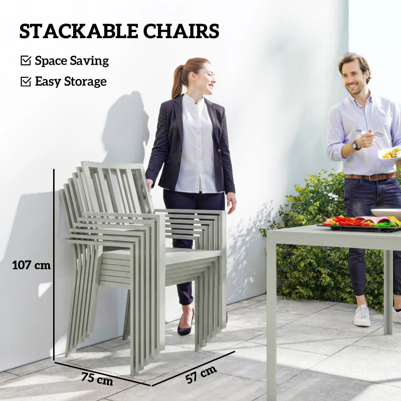 Outsunny Garden Table and Chairs for 6, 7 Pieces Garden Furniture Set with Table, 6 Stackable Chairs and Umbrella Hole Light Grey