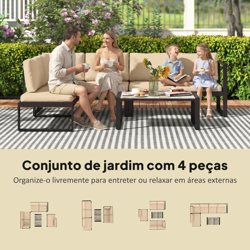 Outsunny Conjunto de Jardim Exterior de 4 Peças com 2 Sofás de 2 Lugares 1 Cadeira sem Braços e Mesa de Centro com Almofadas Caqui