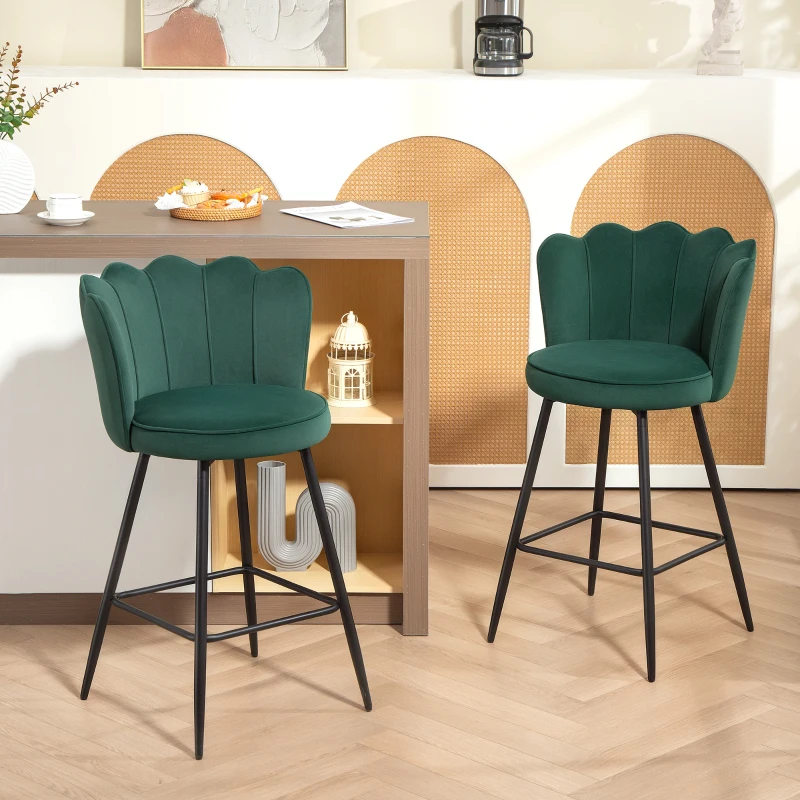 HOMCOM Set de 2 taburete de bar, scaune de bar cu spătar și suport pentru picioare, picioare din oțel, 54 x 55 x 97 cm, verde închis