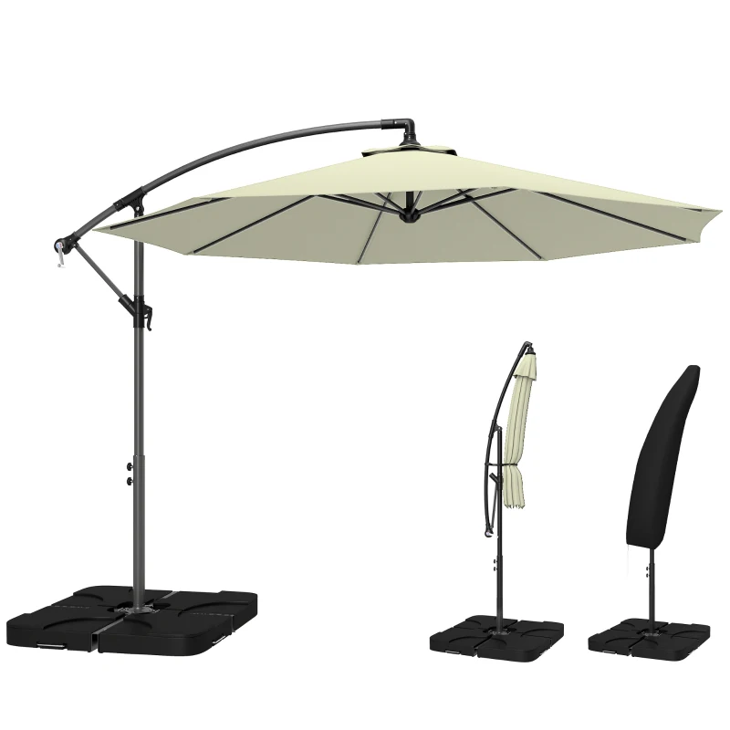 Outsunny 3m Overhanging Parasol, with Base, Weights and Cover - Beige