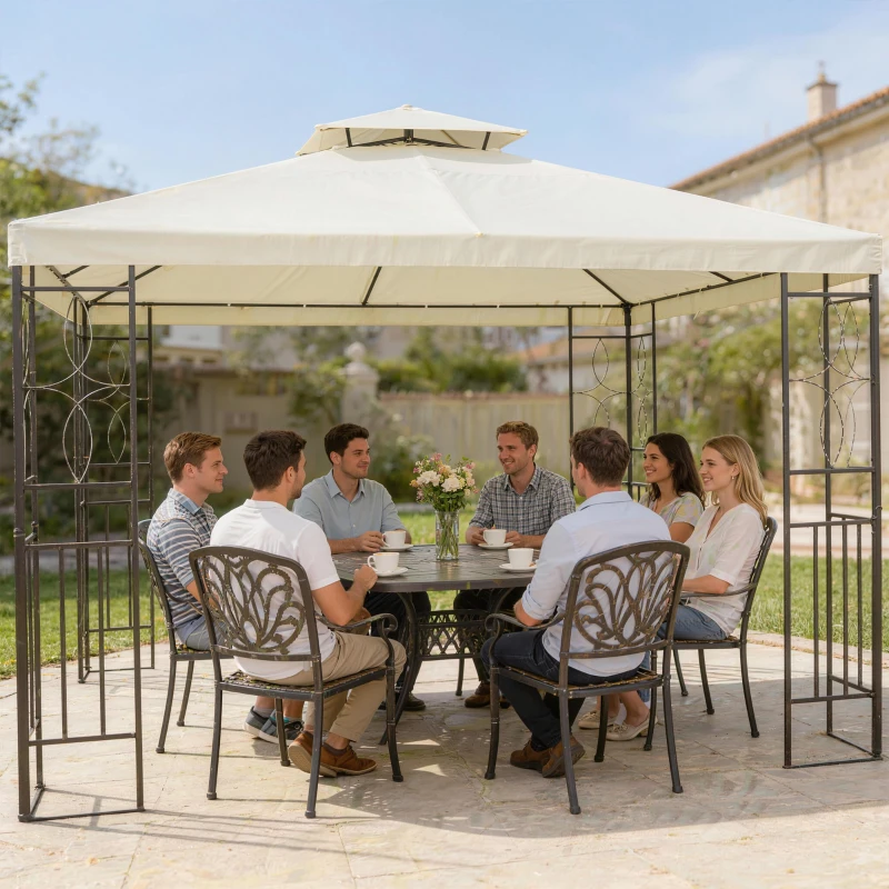 Outsunny Pérgola de Jardim 4x3 m com Telhado Duplo Estrutura de Aço Anti-UV para Exterior Terraço Pátio Branco Creme