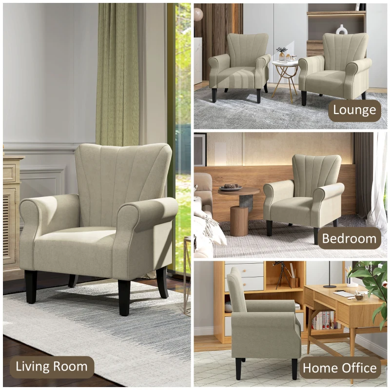 HOMCOM Upholstered Accent Chair with Rolled Arms and Wood Legs, Armchair for Living Room Bedroom, Beige