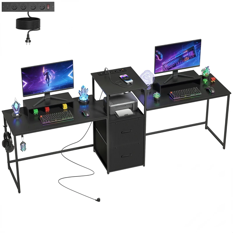 HOMCOM Mesa Gaming Dupla de 244 cm com Estação de Carga Portos USB Suportes para Monitor Gavetas de Tecido Preto