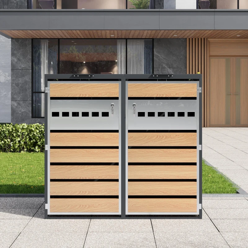 Mülltonnenbox mit hydraulischem Klappdeckel, mit 2 separaten Fächern und abschließbaren Türen, 132x80x118,5 cm, Grau+Naturfarbe