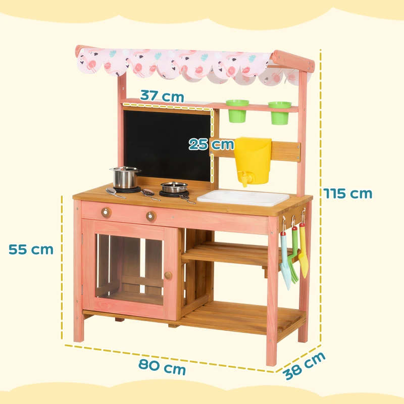 AIYAPLAY Kids Mud Kitchen with Canopy, Outdoor Wooden Play Kitchen with Planter Box, Accessories for Age 3-6, Pink