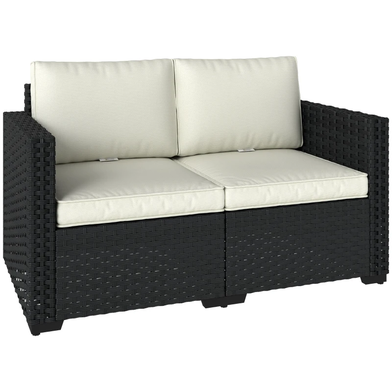 Outsunny 2 Seater Rattan Sofa, Outdoor Garden Sofa with Deep Seat, Cushions, Wide Armrests for Patio, Balcony, Porch, Black