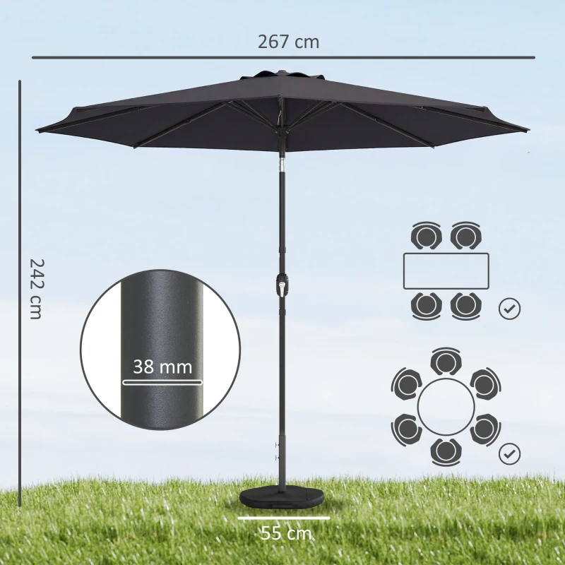 Outsunny 2.7 m Garden Parasol Umbrella with Cross Base and Sandbag, Retractable Ribs, Outdoor Table Market Umbrella, Black