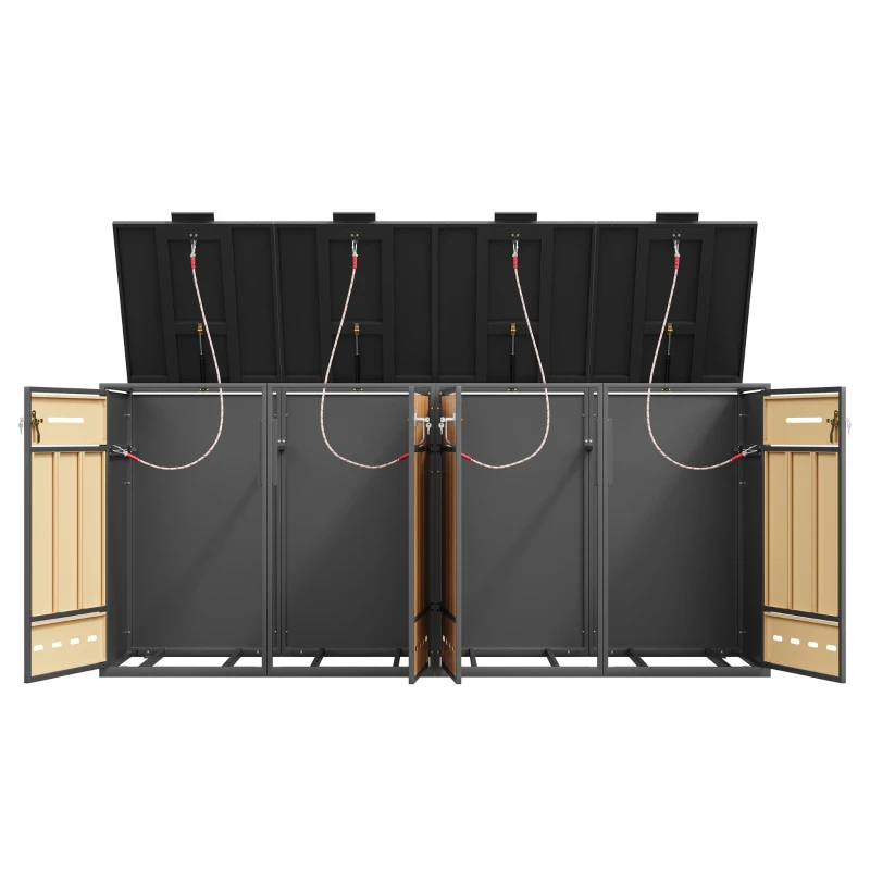 Mülltonnenbox mit Klappdeckeln und frontöffnenden Türen, für 4×120–240 l , 264x84.5x118 cm, Grau+Naturfarbe