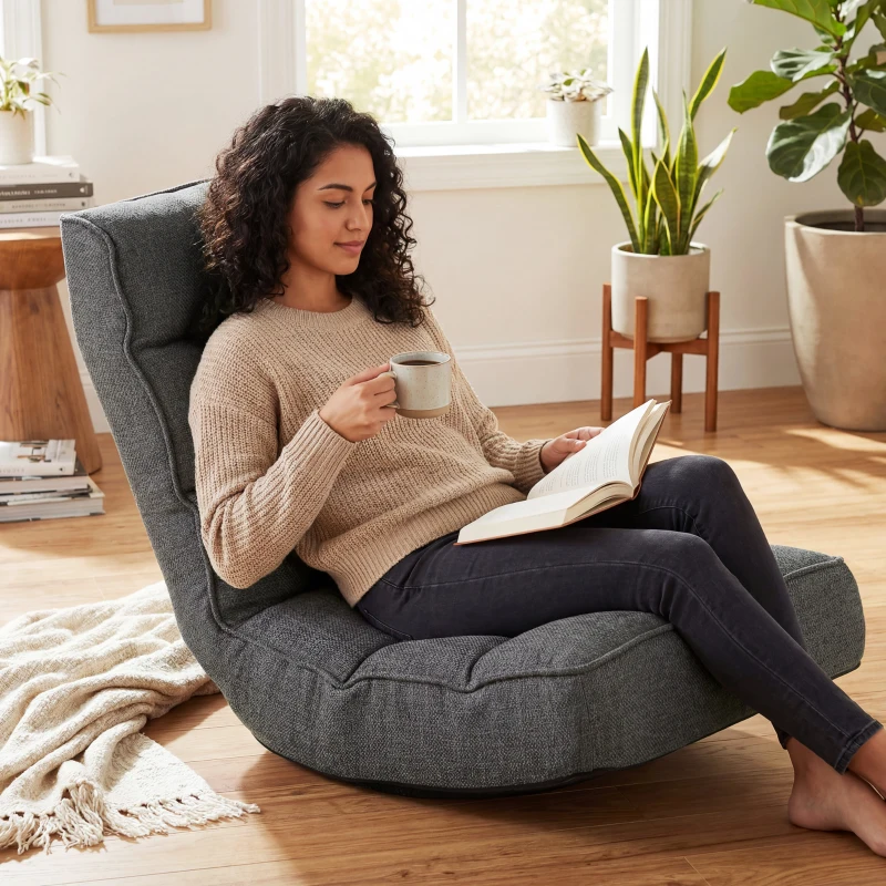 HOMCOM Silla de Suelo Plegable Silla de Lectura Giratoria 360° con Respaldo Ajustable en 5 Posiciones 58x107x79 cm Gris