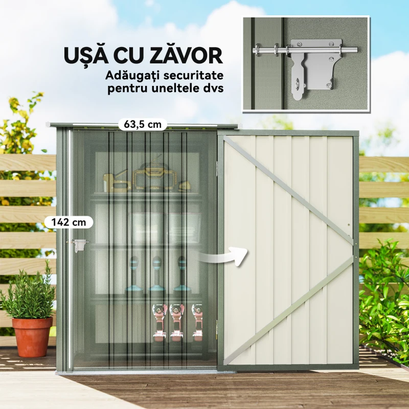 Outsunny Căsuță pentru Grădină 0,92m² din Oțel Galvanizat, Depozit pentru Unelte cu Ușă Blocabilă, Acoperiș Înclinat, 100x104x160 cm, Argintiu