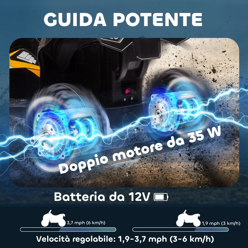 HOMCOM Quad Elettrico per Bambini 12V, 2 Velocità, Ruote Larghe con Clacson e Fari LED, Età 3-5 Anni, Giallo