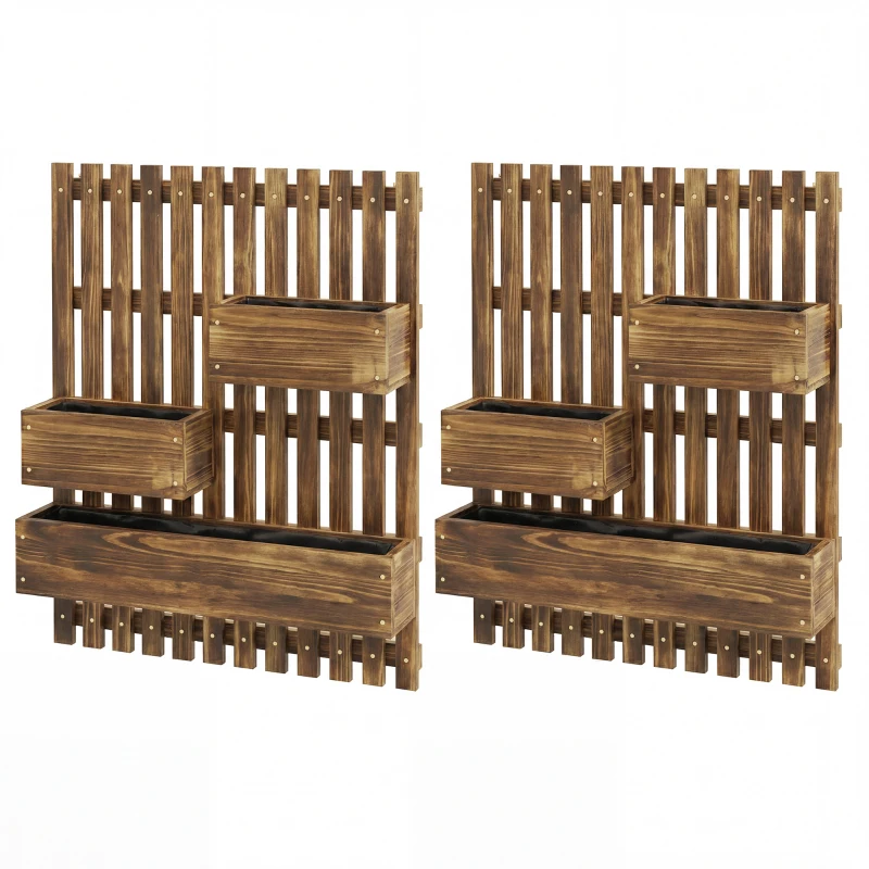 Outsunny Set of 2 Wall-mounted Wooden Garden Planters with Trellis, Drainage Holes and Movable Planter Boxes, Wall Raised Garden Bed for Patio, Carbonised