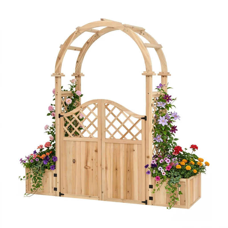 Pflanzkübel mit Spalier und Torbogen, 3‑in‑1-Design – Torbogen mit Rankgitter, 194x50x194 cm, Naturfarbe