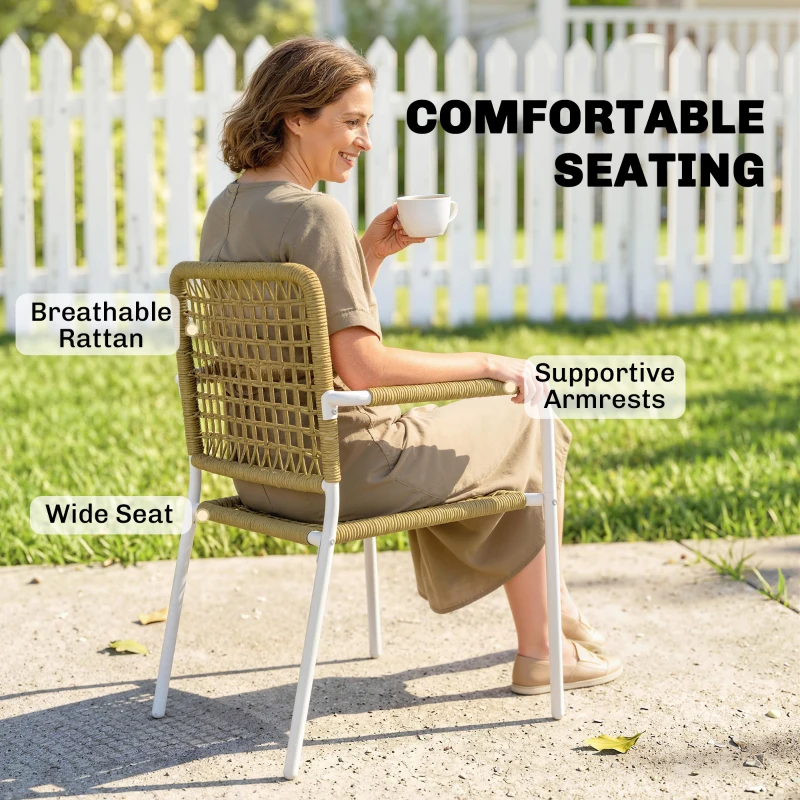 Outsunny Rattan Garden Chairs Set of 2, Stackable Patio Dining Chairs, Outdoor Conversation Set with Metal Frame for Backyard