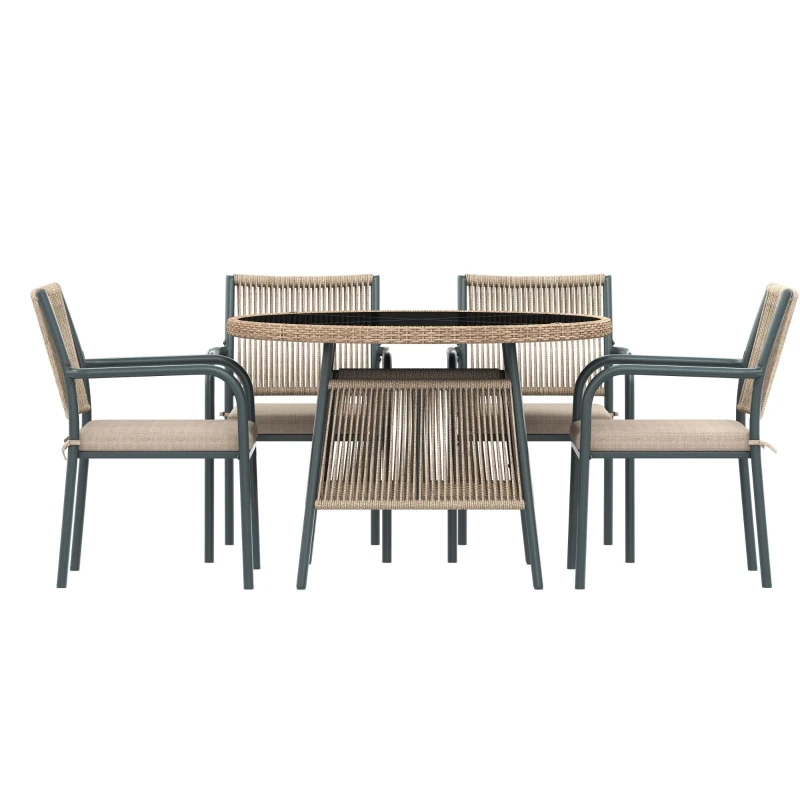 Conjunto de muebles de jardín moderno de 5 piezas, mesa redonda con tablero de vidrio templado, 4 sillas con reposabrazos y respaldo de cuerda, Gris