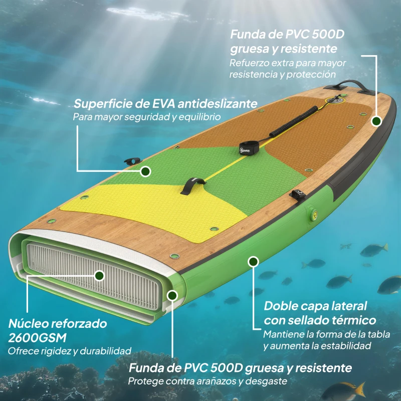 Outsunny Tabla Paddle Surf Hinchable SUP Extra Largo de 335 cm con Asiento Remo Convertible Aletas Bomba y Mochila Carga 180 kg