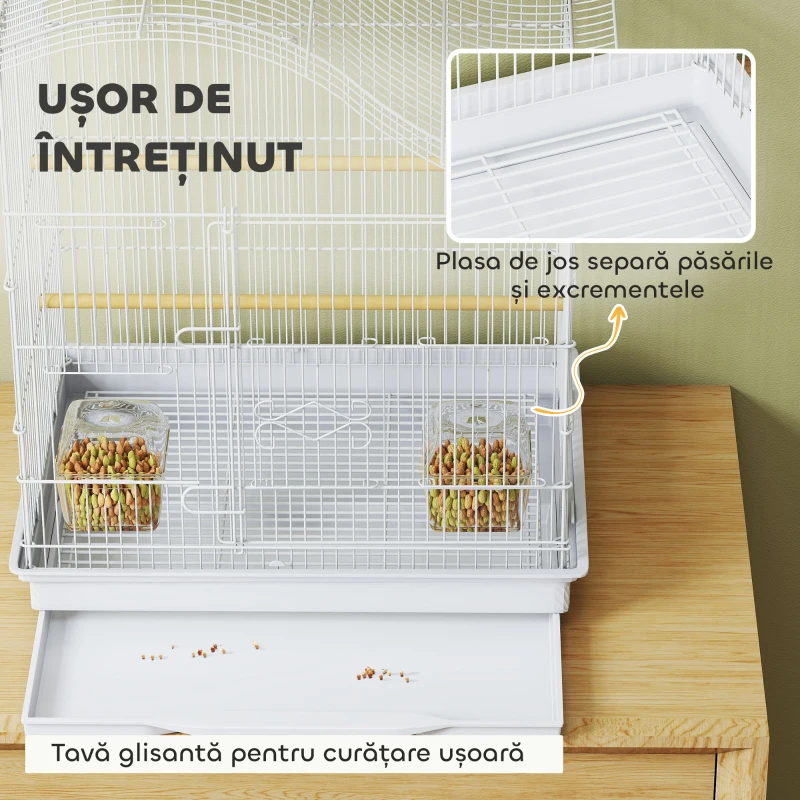 PawHut Colivie pentru Păsări cu 4 Uși, 2 Boluri, 2 Stinghii și Tavă Detașabilă, Volieră din Metal și Plastic, 47,5x36x54,5 cm, Alb