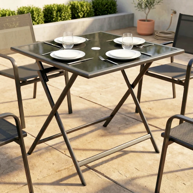 Outsunny Folding Outdoor Dining Table, Square Garden Table Tempered Glass Top with Parasol Hole Garden Patio, 70 x 70 x 70 cm