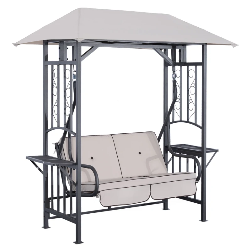 Outsunny Balancelle de Jardin 2 Places Style Colonial Grand Confort Matelas + tablettes Supports métal époxy Gris foncé Polyester Gris Clair
