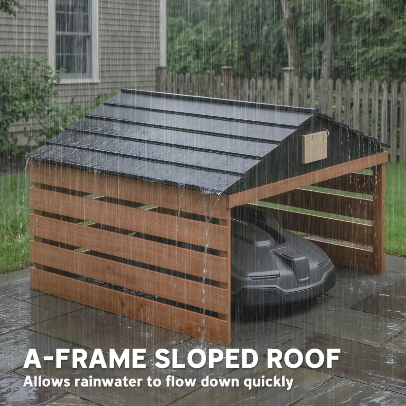 Outsunny Drewniany garaż dla robota koszącego z dachem dwuspadowym, odporny na warunki atmosferyczne, wiata na kosiarkę, 79 x 74 x 54 cm, czerwonobrązowy