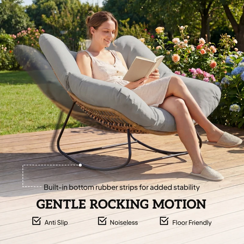 Outsunny Indoor Outdoor Rocking Chair, Oversized Rocking Egg Chair with Cushion for Living Room, Garden, Patio, Light Grey