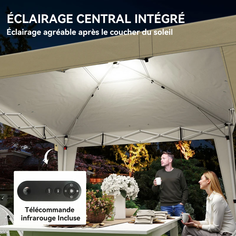 Outsunny Tonnelle de jardin 3 x 3 m avec éclairage pop up tente pliante réglable en hauteur télécommande sac de transport crème
