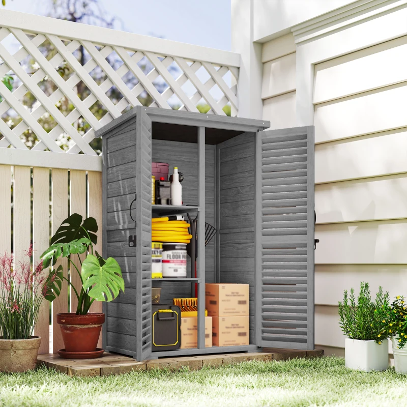 Outsunny Gartenschrank Geräteschuppen aus Holz 2 Einlegeböden Bituminöses Dach Lamellentüren Abschließbar 75 x 50 x 118cm Grau