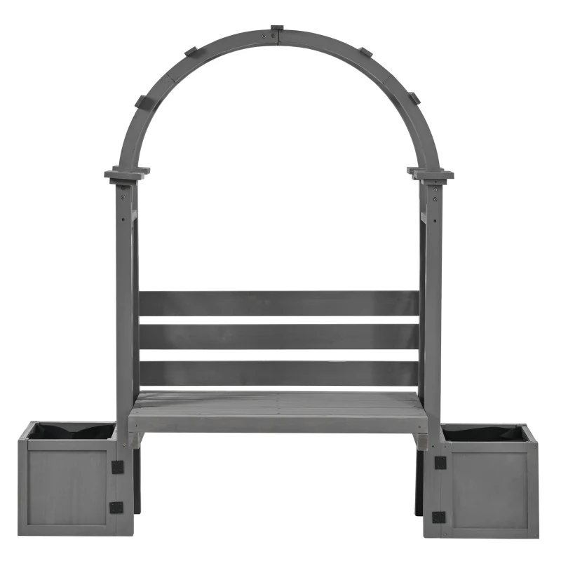 Banco-pérgola con maceteros y enrejado curvado, función triple: banco, macetero y soporte para trepadoras, 160x30,5x160 cm, Gris