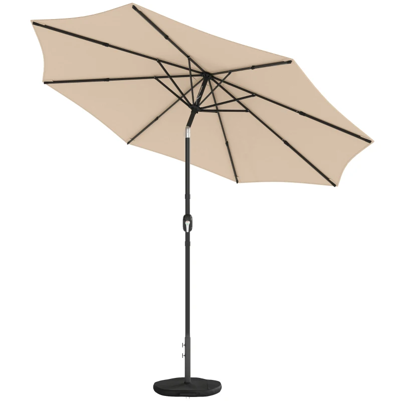 Outsunny 2.7 m Garden Parasol Umbrella with Cross Base and Sandbag, Retractable Ribs, Outdoor Table Market Umbrella, Khaki