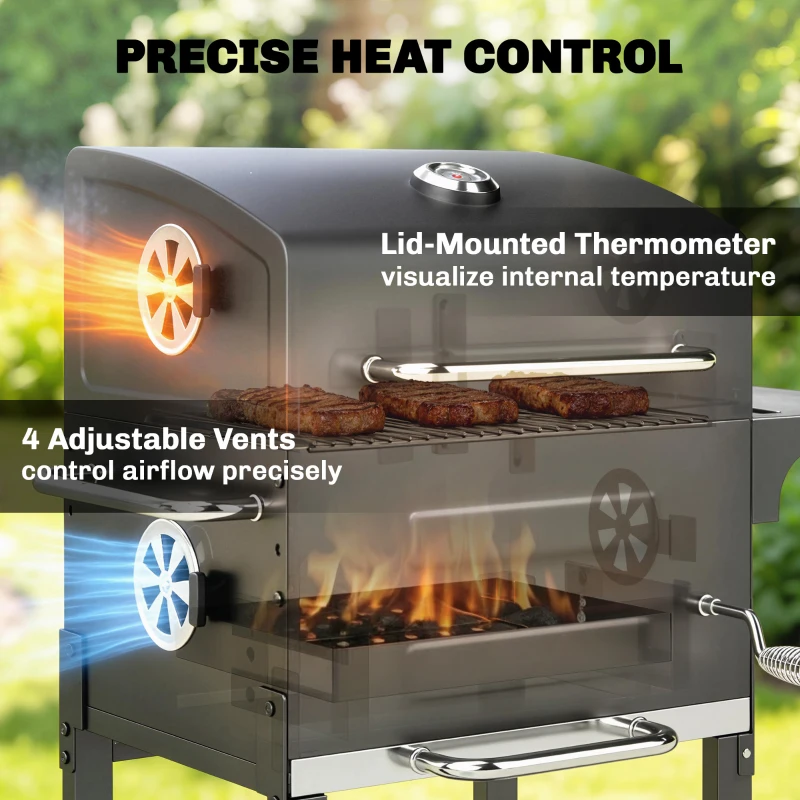 Outsunny Grill węglowy kompaktowy wózek z pokrywą, termometrem, rusztem, tacą na popiół i otworami wentylacyjnymi