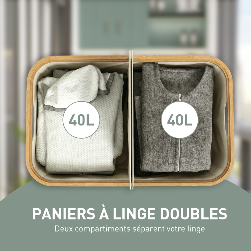 HOMCOM Panier à linge double pliable 80 L corbeille à linge sale avec couvercle, poignées rainurées, beige