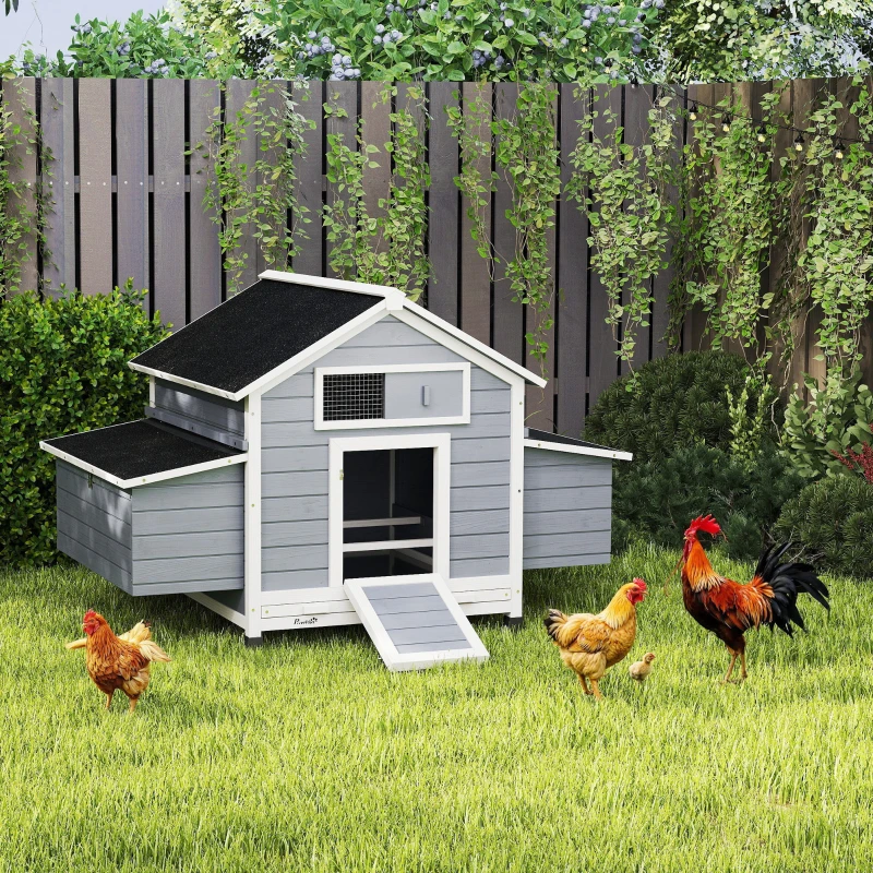 PawHut Poulailler en bois abri pour 2-4 poules toit ouvrant étanche & 2 pondoirs 150 x 100 x 96,5 cm gris