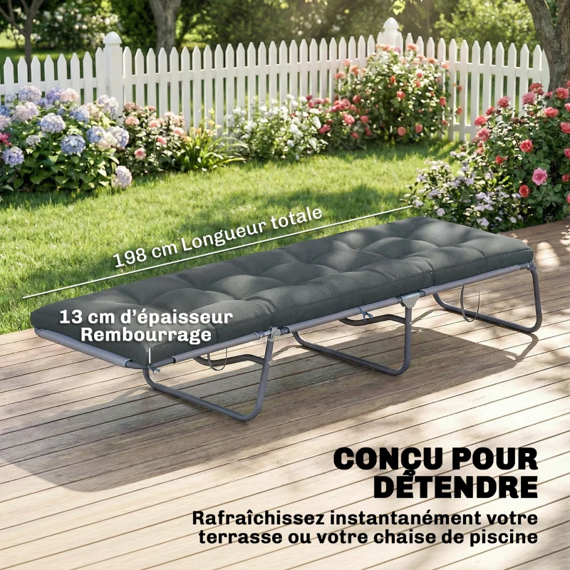 Outsunny Coussin Bain de Soleil Chaise Longue en Mousse à Mémoire avec Sangles, Protection UV50+, 198x65x13cm, Gris foncé