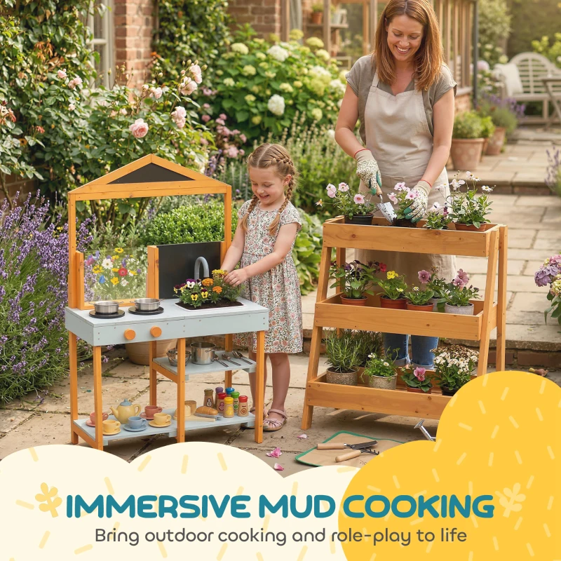 AIYAPLAY Mud Kitchen for Kids, Outdoor Wooden Play Kitchen with Sink, Stove, Cookware, Shelves, Pretend Play Toy for Ages 3-8