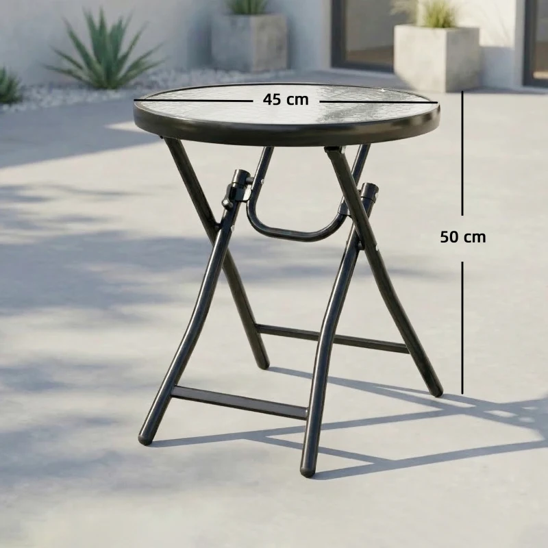 Outsunny Foldable Garden Table, Round Folding Table with Glass Tabletop and Safety Buckle for Patio, Garden, Outdoor, Indoor, Black