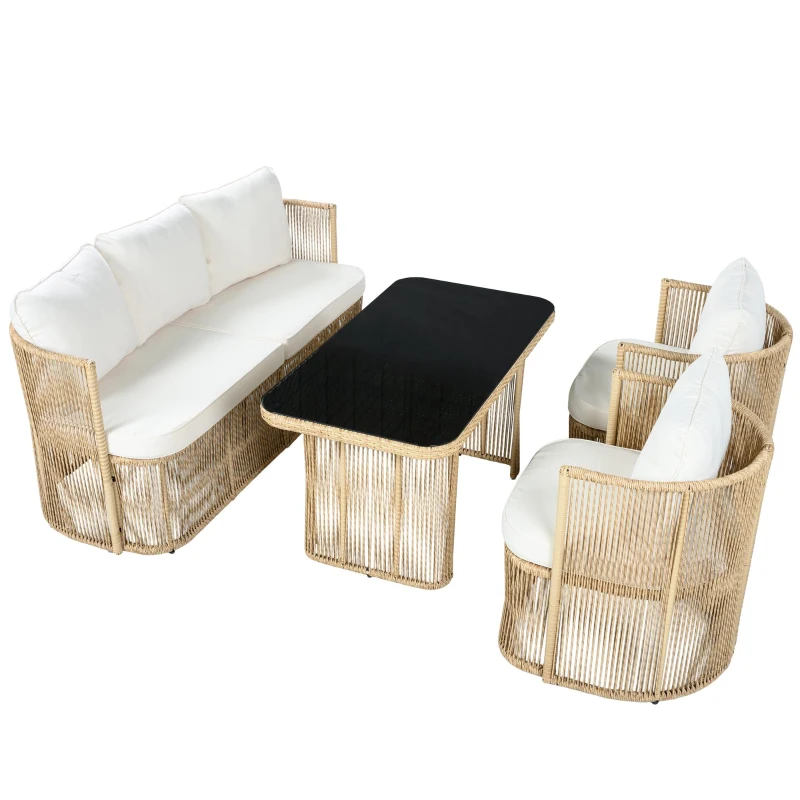 5-teiliges PE‑Rattan-Gartenmöbel-Set, 3‑Sitzer-Sofa, 2 Sesseln und Glastisch, Beige+Schwarz+Weiß