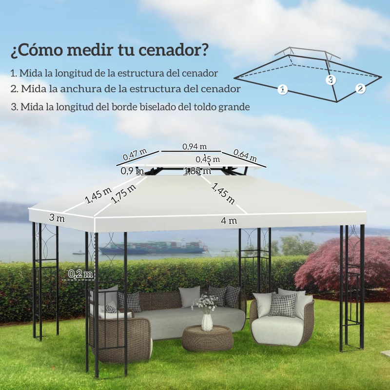 Outsunny Techo de Repuesto para Cenador 4x3 m Cubierta de Repuesto con Techo Doble 10 Orificios de Drenaje y Protección UV Toldo de Recambio para Pabellón Gazebo Crema